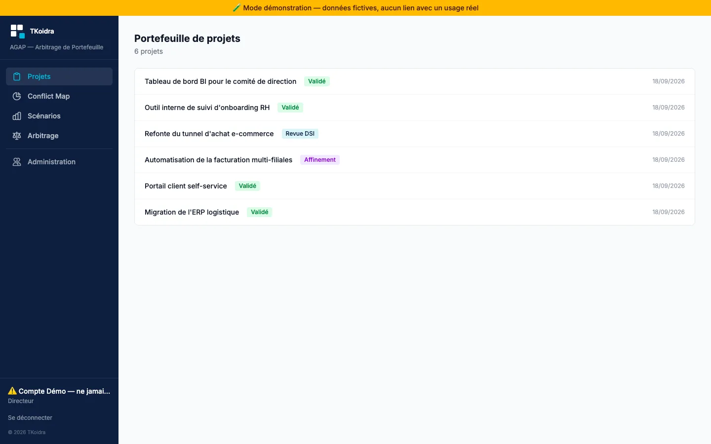 Capture du tableau de bord démo d'AGAP : portefeuille de 6 projets fictifs avec leur statut d'arbitrage, en mode démonstration en lecture seule.