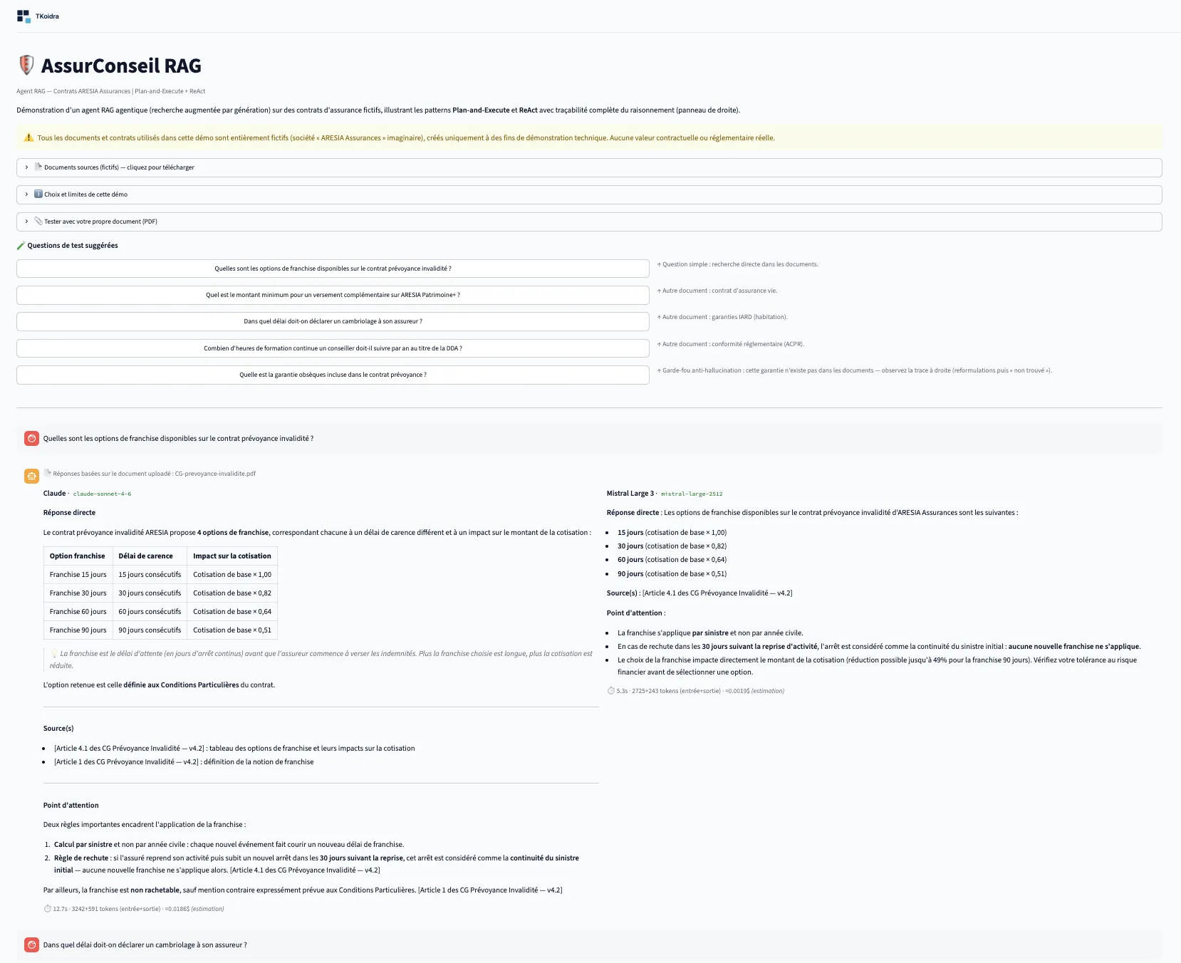 Capture de la comparaison Claude / Mistral Large 3 sur AssurConseil RAG : réponse à une question sur les franchises d'un contrat de prévoyance, avec sources citées, latence, tokens et coût affichés pour chaque moteur.